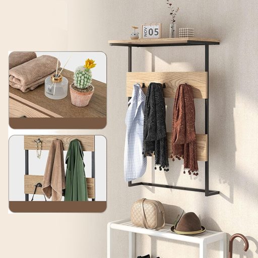 Wieszak ścienny z 6 haczykami i półką, naturalny