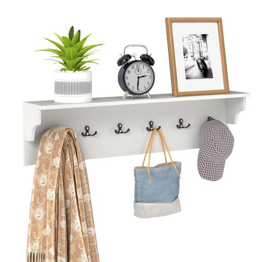 Półka ścienna z 6 haczykami, biała