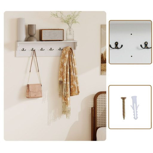 Półka ścienna z 6 haczykami, biała
