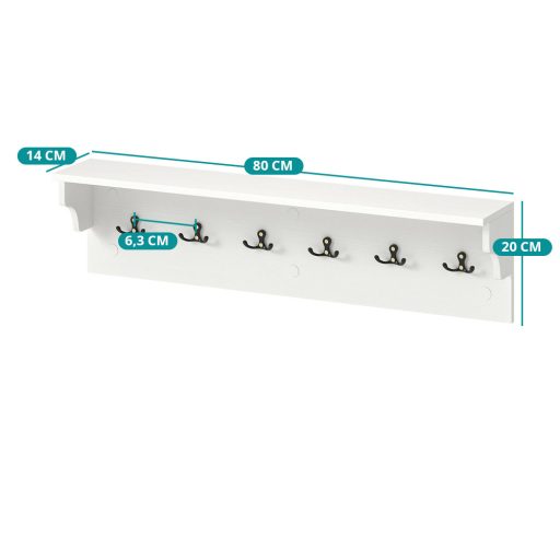 Półka ścienna z 6 haczykami, biała