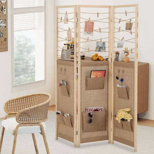 3-panelowy parawan z 8 kieszeniami i 4 haczykami, naturalny