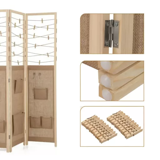 3-panelowy parawan z 8 kieszeniami i 4 haczykami, naturalny