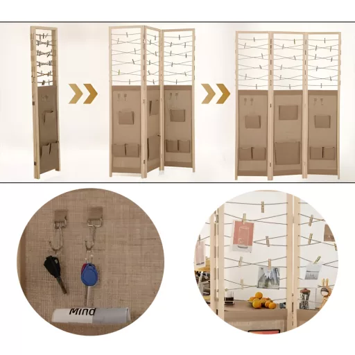 3-panelowy parawan z 8 kieszeniami i 4 haczykami, naturalny