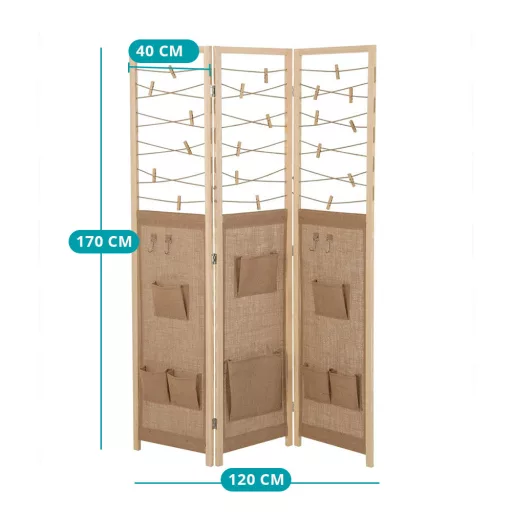 3-panelowy parawan z 8 kieszeniami i 4 haczykami, naturalny