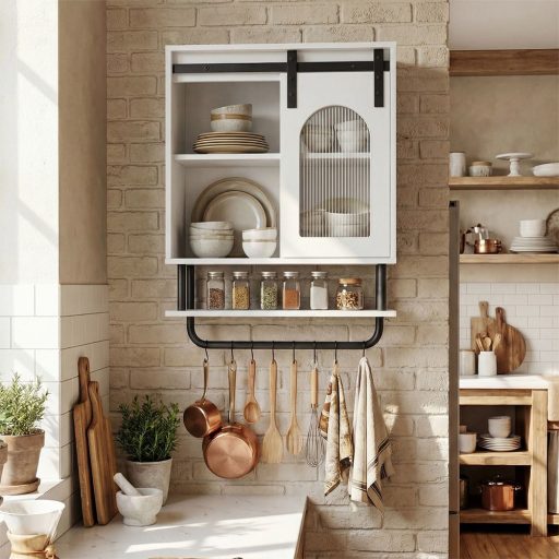 Szafka łazienkowa z uchwytem na ręczniki i otwartą półką