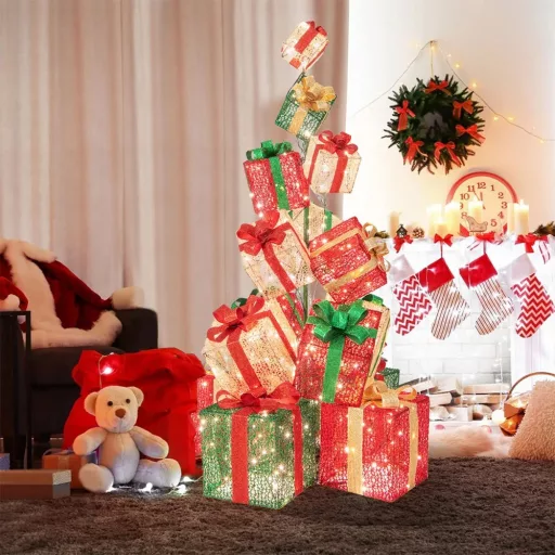 Oświetlona wieża z prezentami z 450 LED, 170 cm