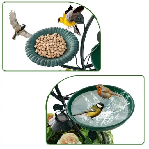 Karmnik i poidło dla ptaków z doniczką i solarnym oświetleniem