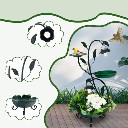 Karmnik i poidło dla ptaków z doniczką i solarnym oświetleniem