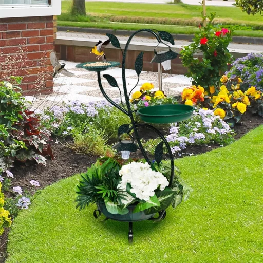 Karmnik i poidło dla ptaków z doniczką i solarnym oświetleniem