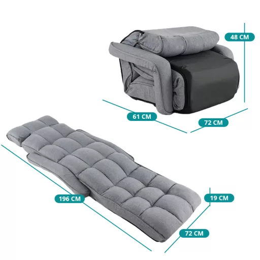 Składana sofa łóżko z 6 regulowanymi pozycjami, jasnoszara