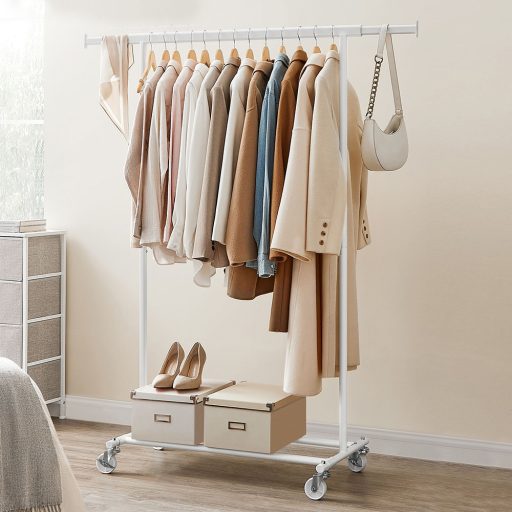 Regulowany stojak na ubrania na kółkach, biały