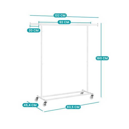 Regulowany stojak na ubrania na kółkach, biały