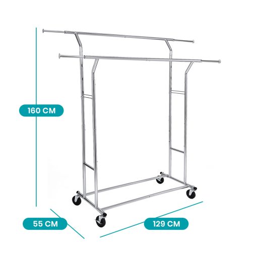 Regulowany stojak na ubrania z regulacją wysokości i szerokości, srebrny