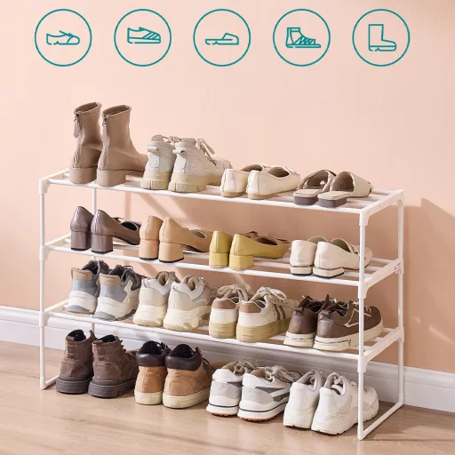 Metalowy regał na buty 3-poziomowy, biały 92x30x55cm