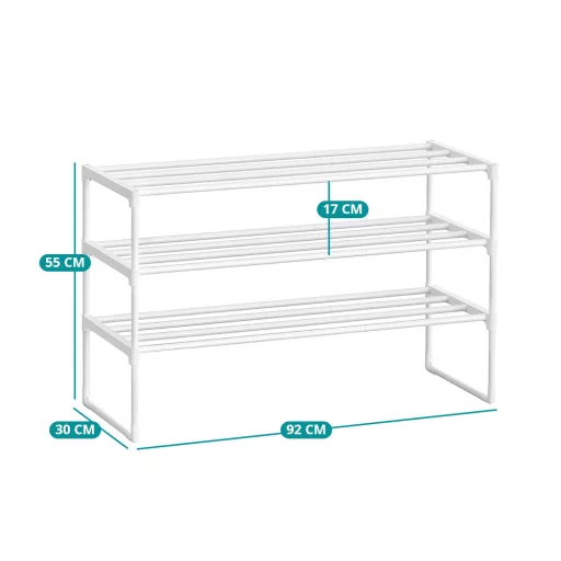 Metalowy regał na buty 3-poziomowy, biały 92x30x55cm