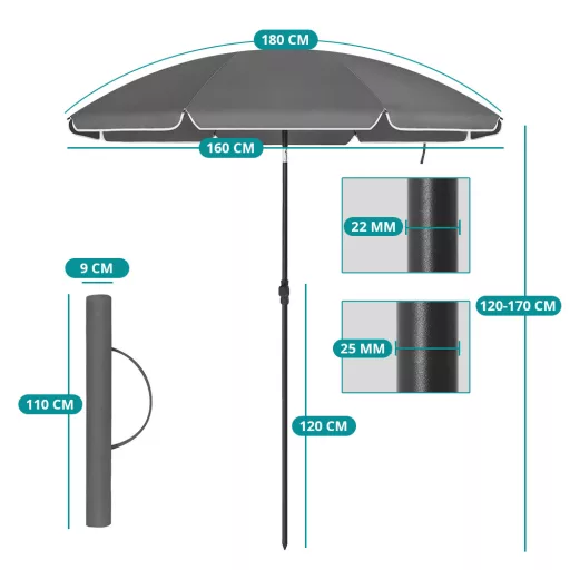 Regulowany okrągły parasol z torbą, szary