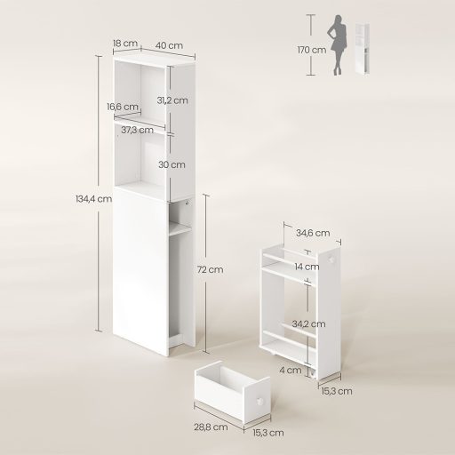 Wąska szafka łazienkowa z 2 półkami, 134,4x40x18 cm
