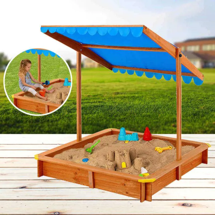 Domek z piaskownicą z regulowanym dachem przeciwsłonecznym