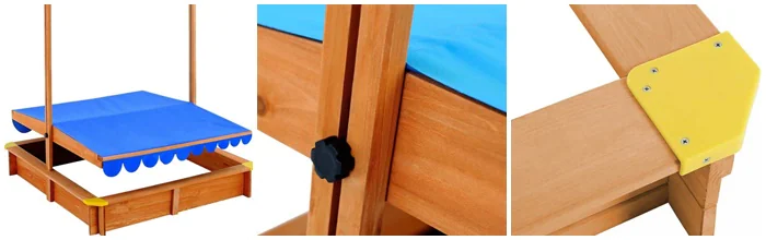 Drewniana piaskownica z zamykanym dachem i ławeczkami